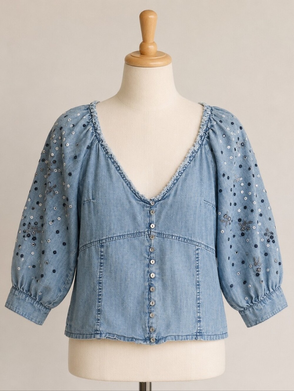 Pilcro Light Blue Embroidered Chambray Button-Front Blouse